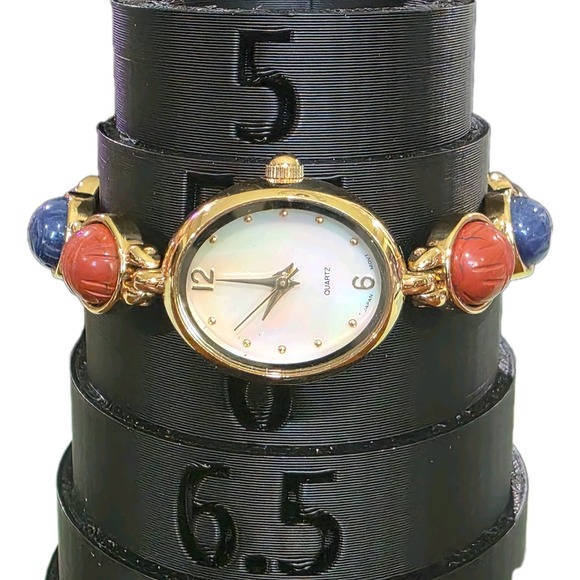 Egyptian Revival Scarab Watch Multi-Stone Mother Of Pearl Small 6in Petite Wrist main image 9